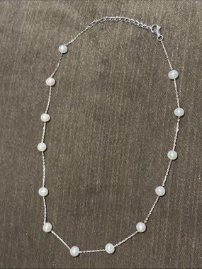 .925 Sterling Silver White Pearl Station Necklace Fine Jewelry